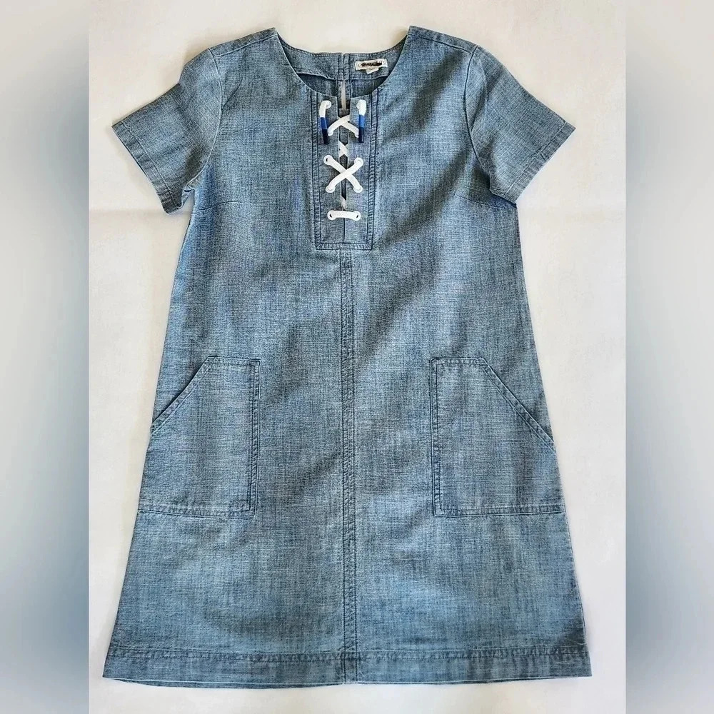 NWT || CREWCUTS || tunic/dress Sz 12, Chambrey, Blue, Lace Up, Pockets